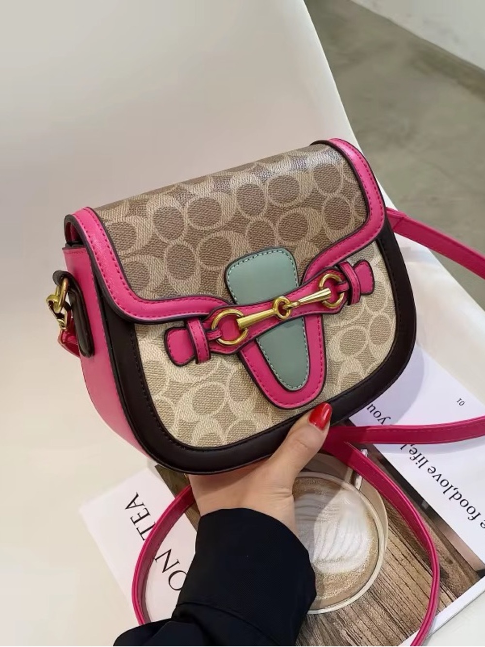 Pink Trim Saddle Bag with Signature Canvas